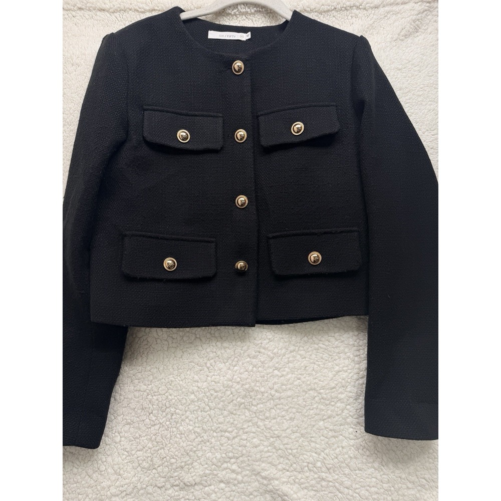 Six/Fifty Blakely Cropped Blazer Black Gold Button Military Jacket XS